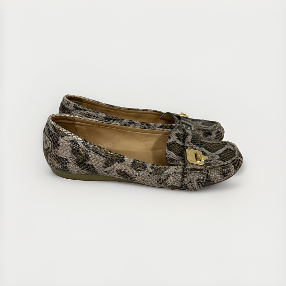 Cole Haan Womens 10B Snakeskin Embossed Leather Loafers Gold Turn Lock Flats S1